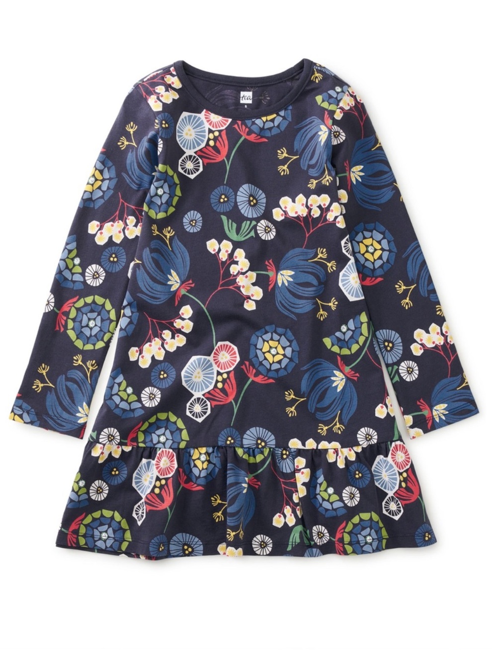 Tea Collection Long Sleeve Ruffle Hem Dress in Nordic Blooms Print, Size 3, EUC